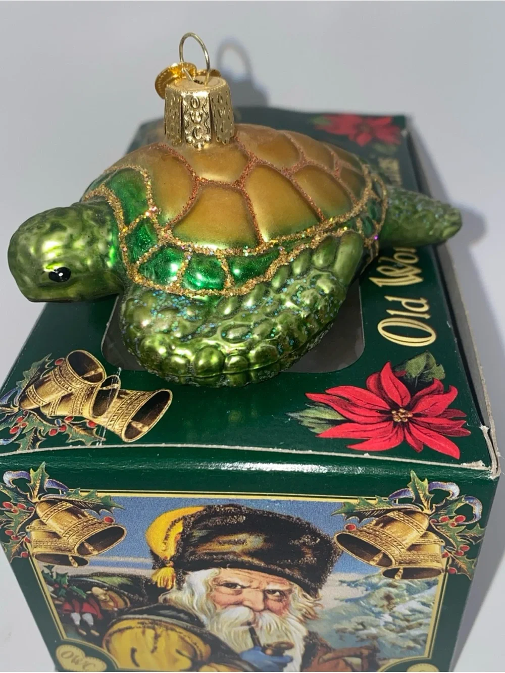 Old World Christmas Green & Gold Glass Sea Turtle Ornament Habitat Décor